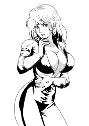 Rule 34 | 1girl, absurdres, bodysuit, breasts, cleavage, earrings, eyelashes, gloves, highres, huge breasts, jewelry, kanaman7, lipstick, long hair, looking at viewer, lupin iii, makeup, mine fujiko, monochrome, simple background, skin tight, solo