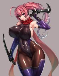 Rule 34 | 1girl, ahoge, bare shoulders, bodysuit, breasts, covered erect nipples, covered navel, cowboy shot, dual wielding, grey background, highleg, highleg leotard, holding, impossible bodysuit, impossible clothes, large breasts, leotard, long hair, looking at viewer, mutsuki himemaru, ninja, parted lips, pink hair, purple eyes, rindou (radical dream), scarf, shiny clothes, sideboob, simple background, skin tight, smile, solo, wide hips
