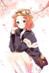 Rule 34 | 1girl, bad id, bad pixiv id, bag, black jacket, blush, branch, brown hat, buckle, cherry blossoms, closed mouth, dress, fedora, flower, handbag, hat, hat flower, highres, jacket, kneehighs, long sleeves, looking at viewer, medium hair, ongyageum, open clothes, open jacket, orange hair, own hands together, petals, pinky ring, purple eyes, shoulder bag, simple background, smile, socks, solo, squatting, tareme, white background, white dress, white socks