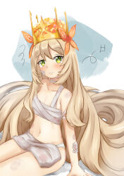 Rule 34 | 1girl, absurdres, bandages, bare arms, bare shoulders, blackma (pagus0012), blonde hair, celine (fire emblem), chest sarashi, collarbone, commentary, crown, fire emblem, fire emblem engage, green eyes, highres, long hair, looking at viewer, midriff, navel, nintendo, panties, sarashi, sitting, solo, stomach, tears, thighs, underwear, very long hair, white panties