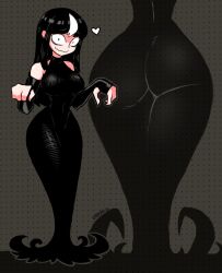 Rule 34 | 1girl, ass, black dress, black hair, different angles, dress, heart, highres, long dress, looking at viewer, navel, noss &amp; zakuro, noss (rariatto), sharp teeth, solo, teeth, thick thighs, thighs, venkydraws, wavy mouth, wide hips