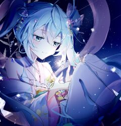 1girl aqua_eyes aqua_hair aqua_nails bare_shoulders detached_sleeves flower hair_between_eyes hair_flower hair_ornament hatsune_miku highres japanese_clothes kimono knees_up long_hair oda_kogane off_shoulder sidelocks sitting sleeveless smile solo space sparkle star_(sky) twintails very_long_hair vocaloid wide_sleeves