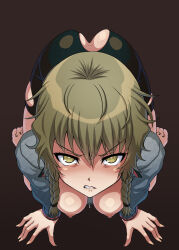 1girl all_fours amane_suzuha angry ass black_shorts blonde_hair blue_jacket braid breasts breasts_out clenched_teeth from_above highres jacket kneeling looking_at_viewer looking_up low_twin_braids medium_breasts nipples open_clothes open_jacket pantyhose shirt shorts solo steins;gate syunzou teeth torn_clothes torn_shorts twin_braids yellow_eyes