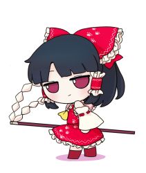 Rule 34 | 1girl, ascot, black hair, bow, character doll, collar, detached sleeves, doll, dress, fumo (doll), gohei, hair bow, hair tubes, hakurei reimu, holding, holding doll, looking at viewer, looking back, medium hair, nejikirio (style), nontraditional miko, red bow, red dress, red eyes, rei (tonbo0430), ribbon-trimmed sleeves, ribbon trim, sidelocks, simple background, sleeveless, sleeveless dress, smile, solo, touhou, white background, white collar, wily beast and weakest creature, yellow ascot