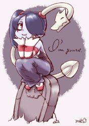 Rule 34 | 1girl, blue hair, blue skin, blush, colored skin, detached sleeves, dress, english text, grave, hair over one eye, hands on own cheeks, hands on own face, leviathan (skullgirls), mtk hoshi, purple background, side ponytail, sitting, skeletal arm, skullgirls, smile, solo, squigly (skullgirls), stitched mouth, stitches, zombie