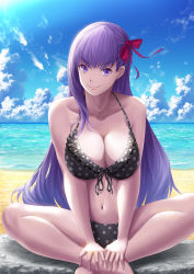 Rule 34 | 1girl, absurdres, bb (fate), bb (fate), bb (fate/extra), beach, bikini, blue sky, breasts, cleavage, cloud, day, fate/grand order, fate (series), frilled bikini, frills, front-tie bikini top, front-tie top, fujifuji924, highres, horizon, indian style, large breasts, long hair, navel, ocean, purple eyes, purple hair, red ribbon, ribbon, sitting, sky, smile, solo, swimsuit, v arms