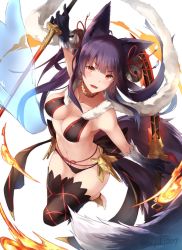 Rule 34 | 10s, 1girl, animal ears, bell, blue hair, breasts, erune, fang, fire, gloves, granblue fantasy, groin, highres, nanahara fuyuki, red eyes, solo, sword, tail, thighhighs, weapon, yuel (granblue fantasy)