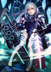 Rule 34 | 1girl, armpits, boots, chainsaw, checkered floor, colored eyelashes, covered navel, full body, gauntlets, gradient hair, highres, long hair, looking at viewer, mecha musume, million arthur (series), miya-ki (miya key), multicolored hair, neon trim, one-piece swimsuit, open mouth, original, pigeon-toed, purple eyes, school swimsuit, silver hair, skin tight, solo, standing, swimsuit, thigh boots, thighhighs, twintails, white footwear, white thighhighs