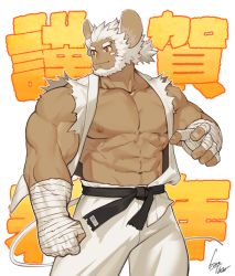 Rule 34 | 1boy, 2020, abs, animal ears, bandaged arm, bandages, bara, bare arms, bare pectorals, bare shoulders, chinese zodiac, cowboy shot, dark-skinned male, dark skin, dougi, gomtang, happy new year, jacket, large pectorals, looking to the side, male focus, mature male, mouse boy, mouse ears, mouse tail, muscular, muscular male, navel, navel hair, new year, nipples, original, pants, pectorals, short hair, smile, solo, stomach, tail, thick thighs, thighs, torn clothes, torn jacket, white hair, white jacket, white pants, year of the rat