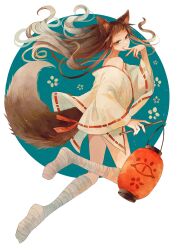 Rule 34 | 1girl, absurdres, animal ears, bandage on leg, bare shoulders, blue eyes, brown hair, circle, colored tips, finger to mouth, flower (symbol), fox ears, fox tail, full body, highres, holding, holding lantern, japanese clothes, kimono, lantern, long hair, long sleeves, looking at viewer, looking back, multicolored hair, no shoes, off shoulder, original, paper lantern, red nails, red ribbon, ribbon, sanshichi fu, simple background, smirk, solo, tail, thighs, white hair, white kimono, wide sleeves, yukata