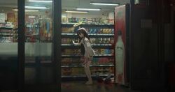 Rule 34 | 1girl, 1other, barefoot, black footwear, blood, blood on clothes, blood on window, bloody handprints, bloody knife, brown hair, commentary request, convenience store, halo, handprint, highres, hmj (huang men datoucai), holding, holding knife, knife, long hair, off shoulder, original, shelf, shop, vending machine