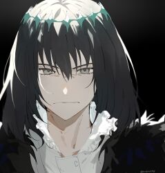 Rule 34 | 1boy, absurdres, black background, buttons, clenched teeth, diamond hairband, dress shirt, eyelashes, fate/grand order, fate (series), grey eyes, hair between eyes, highres, male focus, medium hair, nostrils, oberon (fate), oberon (third ascension) (fate), romo827, shirt, solo, teeth, twitter username, upper body, white shirt