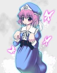 Rule 34 | 1girl, :p, animal, belt, bug, butterfly, collar, collarbone, eyebrows, female focus, frills, hat, insect, japanese clothes, juliet sleeves, kimono, long sleeves, looking at viewer, magic, mob cap, pink eyes, pink hair, puffy sleeves, saigyouji yuyuko, short hair, smile, solo, tongue, tongue out, touhou, triangular headpiece, you naka