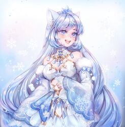 Rule 34 | 1girl, animal ear fluff, animal ears, blue bow, blue dress, blue eyes, blue eyeshadow, blue theme, blush, bow, breasts, cat ears, cleavage, clothing cutout, detached sleeves, dress, eyeshadow, fur-trimmed sleeves, fur trim, halterneck, highres, long hair, looking to the side, makeup, medium breasts, nonexistentworld, original, sidelocks, solo, upper body, very long hair