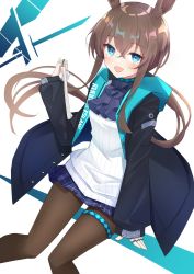 Rule 34 | 1girl, :d, amiya (arknights), animal ear fluff, animal ears, arknights, black jacket, blue eyes, blush, breasts, brown hair, brown pantyhose, commentary, ecleil, feet out of frame, hair between eyes, hand up, highres, holding, jacket, jewelry, knees together feet apart, long hair, long sleeves, looking at viewer, open clothes, open jacket, open mouth, pantyhose, pleated skirt, puffy long sleeves, puffy sleeves, purple neckwear, purple skirt, rabbit ears, ring, shirt, skirt, sleeves past wrists, small breasts, smile, solo, very long hair, white shirt