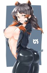 Rule 34 | 10s, 1girl, animal ears, areola slip, ass, black hair, blush, breast suppress, breasts, catsuit, center opening, covered erect nipples, half-closed eyes, highres, hippopotamus (kemono friends), hippopotamus ears, japari symbol, kemono friends, large breasts, long hair, looking at viewer, multicolored hair, navel, nick (anbandante), red hair, simple background, smile, solo, twisted torso, two-tone hair, zipper
