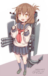 Rule 34 | 10s, 1girl, 2014, :d, anchor, anchor symbol, black skirt, black socks, blouse, blush, brown eyes, brown hair, clenched teeth, dated, folded ponytail, foreshortening, full body, hair ornament, inazuma (kancolle), kantai collection, kneehighs, loafers, looking at viewer, machinery, neckerchief, open mouth, pleated skirt, pureji oshou, sailor collar, school uniform, serafuku, shirt, shoes, simple background, skirt, sleeves past wrists, smile, socks, solo, teeth, twitter username, white background