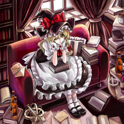 Rule 34 | 1girl, apron, black dress, black footwear, blonde hair, book, bottle, braid, closed mouth, couch, dress, eyebrows, female focus, frilled dress, frilled gloves, frills, full body, fullerene, fullerene (pixiv), gloves, hair ornament, hair ribbon, hat, highres, indoors, kirisame marisa, legs together, looking at viewer, mary janes, on couch, one eye closed, ribbon, shoes, short hair, side braid, sitting, socks, solo, touhou, white gloves, white socks, window, wink, witch, witch hat, yellow eyes