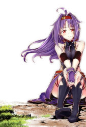 Rule 34 | 1girl, absurdres, ayukan., fingerless gloves, gloves, grass, highres, long hair, looking at viewer, pointy ears, portrait, purple hair, red eyes, sitting, smile, solo, sword art online, thighhighs, yuuki (sao)