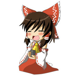 Rule 34 | 1girl, bare shoulders, blush stickers, bow, brown hair, chibi, closed eyes, cup, des-arms, detached sleeves, erusen (des-arms), female focus, hair bow, hair tubes, hakurei reimu, happy, japanese clothes, miko, open mouth, seiza, sitting, socks, solo, teacup, touhou, wide sleeves, yunomi
