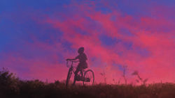Rule 34 | 1girl, basket, bicycle, blue theme, from below, highres, original, outdoors, red theme, silhouette, sky, solo, tnt (aaaazzzz), twilight, wide shot