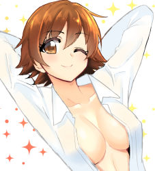 Rule 34 | 1girl, ;), arms behind head, arms up, bad id, bad pixiv id, breasts, brown hair, cleavage, closed mouth, collarbone, collared shirt, honda mio, idolmaster, idolmaster cinderella girls, kon5283, lips, looking at viewer, medium breasts, multiple girls, naked shirt, one eye closed, open clothes, open shirt, shirt, short hair, smile, solo, sparkle background, tareme, white shirt, wing collar