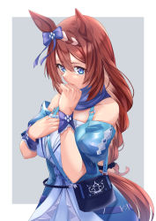 Rule 34 | 1girl, absurdres, animal ears, anrumi, armpit crease, bag, bare shoulders, blue dress, blue eyes, braid, braided ponytail, breasts, brown hair, closed mouth, dress, hand on own chest, handbag, highres, horse ears, horse girl, horse tail, large breasts, light blush, lips, looking at viewer, off-shoulder dress, off shoulder, shoulder bag, solo, super creek (umamusume), tail, umamusume, upper body, wrist cuffs