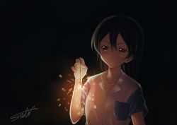 Rule 34 | 1girl, blue hair, commentary request, fireworks, hair between eyes, holding, long hair, love live!, love live! school idol project, night, shirt, short sleeves, solo, sonoda umi, sparkler, standing, suito, swept bangs, yellow eyes
