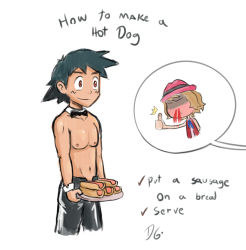 Rule 34 | 10s, 1boy, 1girl, ^^^, ash ketchum, bare arms, black hair, black neckwear, blonde hair, blood, blush, bow, bowtie, comic, cowboy shot, creatures (company), cropped legs, dark gargo, detached collar, english text, food, full-face blush, game freak, hat, highres, hot dog, nintendo, nosebleed, parody, penis, penis hot dog, pokemon, pokemon (anime), pokemon xy, porkpie hat, serena (pokemon), sexually suggestive, shaded face, short hair, sleeveless duster, speech bubble, spoken character, standing, text focus, thumbs up, topless, topless male, tray, wrist cuffs
