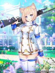 Rule 34 | 1girl, animal ear fluff, animal ears, apple caramel, arm at side, armband, blonde hair, blue eyes, blue sky, boots, breasts, building, buttons, cat ears, cat tail, commentary request, day, diadein, double-breasted, flower, gun, highres, holding, holding gun, holding weapon, lens flare, long sleeves, looking at viewer, medium breasts, military, military uniform, official art, open mouth, outdoors, over shoulder, petals, pink flower, rifle, short hair, sky, solo, standing, tail, thigh boots, thighhighs, tree, trigger discipline, uniform, weapon, weapon over shoulder, white footwear, white thighhighs, zettai ryouiki