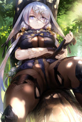 Rule 34 | 1girl, atelier (series), atelier ryza, atelier ryza 1, bare shoulders, blue eyes, blush, bodysuit, breasts, brown bodysuit, cameltoe, day, expressionless, eyes visible through hair, hair between eyes, hair ornament, hairclip, heterochromia, highres, large breasts, leaning, lila decyrus, long hair, looking at viewer, low twintails, nail polish, obaoba (monkeyix), outdoors, red eyes, silver hair, skindentation, solo, thigh strap, tree, twintails, very long hair