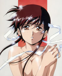 Rule 34 | 1990s (style), 1girl, breast press, breasts, brown hair, cleavage, covering privates, covering breasts, eyelashes, female focus, headband, large breasts, looking at viewer, official art, plastic little, red eyes, retro artstyle, ribbon, solo, tita mu koshigaya, topless frame, upper body, urushihara satoshi