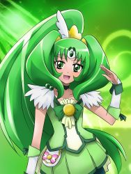 Rule 34 | 10s, 1girl, big hair, cure march, dress, eyelashes, green background, green eyes, green hair, green theme, highres, long hair, ma-aru, magical girl, matching hair/eyes, midorikawa nao, open mouth, ponytail, precure, shorts, shorts under skirt, skirt, smile, smile precure!, solo, tiara, tri tails