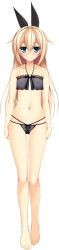 Rule 34 | 1girl, absurdres, asami asami, barefoot, black panties, blonde hair, blue eyes, bow, bow panties, covered erect nipples, expressionless, flat chest, full body, halterneck, halterneck, highres, kurashiki azusa, lingerie, long hair, long image, looking at viewer, navel, nipples, official art, panties, pretty x cation 2, see-through, solo, tall image, transparent background, underwear