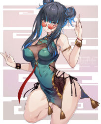 Rule 34 | 1girl, armlet, bare shoulders, black hair, blue hair, blunt bangs, bracelet, breasts, china dress, chinese clothes, colored inner hair, double bun, dress, eyeliner, fate/grand order, fate (series), gold trim, green dress, grey eyes, hair bun, highres, jewelry, large breasts, long hair, looking at viewer, makeup, multicolored hair, o-ring, pelvic curtain, round eyewear, short dress, sidelocks, solo, sunglasses, tassel, tenochtitlan (fate), thighs, ura illust