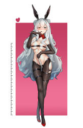 Rule 34 | 1girl, animal ears, aqua hair, arknights, bare shoulders, belt bra, black gloves, black pantyhose, blush, chinese commentary, closed mouth, commentary request, crossed legs, double bun, finger to mouth, full body, gloves, green eyes, hair bun, heart, heart-shaped pupils, heterochromia, high heels, highres, holding, long hair, multicolored hair, pantyhose, pinky to mouth, qianyi yuantu sheng, rabbit ears, red-framed eyewear, red neckwear, rosa (arknights), ruler, silver hair, skindentation, smile, solo, standing, strapless, streaked hair, symbol-shaped pupils, thigh gap, thigh strap, torn clothes, torn pantyhose, two-tone background, very long hair, watson cross, yellow eyes