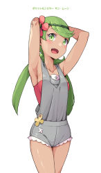 Rule 34 | 1girl, armpits, arms behind head, blush, breasts, cloba (daeniel811015), creatures (company), dark-skinned female, dark skin, fang, flower, game freak, green eyes, green hair, hair flower, hair ornament, highres, long hair, mallow (pokemon), matching hair/eyes, nintendo, open mouth, pokemon, pokemon sm, simple background, solo, trial captain, twintails, white background