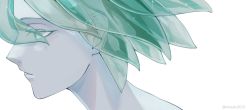 Rule 34 | 1other, androgynous, aqua hair, commentary, crystal hair, english commentary, from side, green eyes, green hair, hair over eyes, highres, houseki no kuni, looking away, other focus, phosphophyllite, portrait, profile, short hair, simple background, solo, sparkle, translucent hair, umino mozuku, white background