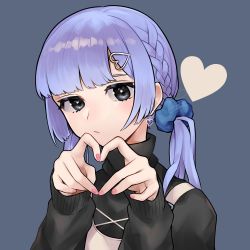 1girl b-grlew black_eyes black_sweater blue_background blunt_bangs braid closed_mouth eyebrows_hidden_by_hair hair_ornament heart heart_hair_ornament heart_hands highres light_purple_hair long_sleeves original portrait scrunchie simple_background solo sweater turtleneck turtleneck_sweater twintails