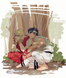 Rule 34 | 2boys, bare shoulders, barefoot, couple, dougi, forest, full body, hands on own face, ken masters, male focus, multiple boys, muscular, muscular male, nature, pants, red pants, ryu (street fighter), shirt, short hair, sideburns, sleeveless, squatting, street fighter, torn clothes, torn shirt, tree, yuiofire