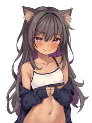Rule 34 | 1girl, animal ear fluff, animal ears, bare shoulders, black jacket, blush, bra, breasts, brown hair, cat ears, cat girl, character request, closed mouth, collarbone, colored inner hair, commentary request, copyright request, dark-skinned female, dark skin, jacket, jacket partially removed, kazumasa, long hair, looking at viewer, multicolored hair, navel, out-of-frame censoring, paid reward available, pink eyes, purple hair, simple background, small breasts, smile, solo, underwear, upper body, white background, white bra