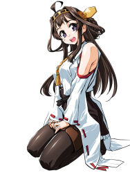 Rule 34 | 10s, 1girl, ahoge, bare shoulders, blush, boots, brown hair, detached sleeves, double bun, hair bun, hairband, japanese clothes, kantai collection, kongou (kancolle), long hair, looking at viewer, nontraditional miko, open mouth, personification, sasayuki, simple background, skirt, smile, solo, thigh boots, thighhighs, white background