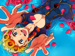 Rule 34 | 1boy, :d, bad id, bad pixiv id, blonde hair, blue eyes, giorno giovanna, jojo no kimyou na bouken, looking up, maguro (ma-glo), male focus, open mouth, outstretched arms, partially submerged, petals, smile, solo