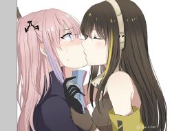 Rule 34 | 2girls, armband, blue eyes, blush, brown hair, commentary request, closed eyes, from side, girls&#039; frontline, gloves, green hair, headphones, highres, holding another&#039;s wrist, kabedon, kiss, long hair, m4a1 (girls&#039; frontline), multicolored hair, multiple girls, pink hair, simple background, st ar-15 (girls&#039; frontline), sui (camellia), two-tone hair, white background, yuri