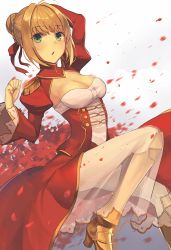 Rule 34 | 10s, 1girl, arm behind head, bad id, bad pixiv id, blonde hair, breasts, cleavage, corset, epaulettes, fate/extra, fate (series), green eyes, hair intakes, hair ribbon, highres, looking at viewer, medium breasts, mongarit, nero claudius (fate), nero claudius (fate) (all), nero claudius (fate/extra), petals, red ribbon, ribbon, short hair, solo