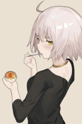 Rule 34 | 1girl, ahoge, alternate costume, black shirt, blush, choker, closed mouth, commentary request, eating, fate/grand order, fate (series), food, from behind, frown, grey background, hair between eyes, holding, jeanne d&#039;arc (fate), jeanne d&#039;arc alter (avenger) (fate), jeanne d&#039;arc alter (fate), km yama, long sleeves, looking at viewer, looking back, shirt, short hair, silver hair, simple background, solo, spoon, upper body, yellow eyes