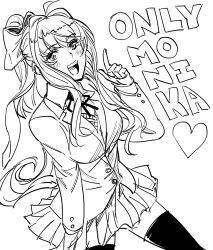 Rule 34 | 1girl, :d, ahoge, bad id, bb (baalbuddy), blush, bow, catchphrase, character name, collared shirt, cowboy shot, doki doki literature club, english text, greyscale, hair bow, hand up, heart, highres, inactive account, index finger raised, long hair, long sleeves, looking at viewer, monika (doki doki literature club), monochrome, neck ribbon, open mouth, pleated skirt, ponytail, ribbon, shirt, sidelocks, simple background, skirt, smile, solo, thighhighs, vest, white background, wing collar