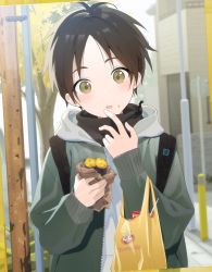 Rule 34 | 1boy, antenna hair, backpack, bag, black hair, blush, commentary request, eating, food, food on face, green eyes, green jacket, highres, holding, holding food, hood, hood down, hoodie, jacket, long sleeves, looking at viewer, male focus, open clothes, open jacket, original, outdoors, pillow (nutsfool), roasted sweet potato, solo, sweet potato, tree, turtleneck, upper body, white hoodie