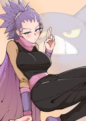 1girl absurdres azz0422 black_pants blush breasts cape closed_mouth commentary creatures_(company) crobat english_commentary game_freak gen_2_pokemon highres janine_(pokemon) large_breasts ninja nintendo pants pokemon pokemon_hgss purple_cape purple_eyes purple_hair spiked_hair