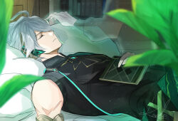 Rule 34 | 1boy, 1other, absurdres, ahoge, alhaitham (genshin impact), artist name, bed, black shirt, blurry, blurry foreground, book, bookshelf, cable, closed eyes, closed mouth, commentary, depth of field, gem, genshin impact, ghost, gold trim, green theme, grey hair, hair over one eye, highres, indoors, kaede (kristallfantasie), lying, male focus, on back, on bed, open book, parted bangs, pillow, plant, shirt, short hair, sidelocks, signature, sleeping, sleeveless, sleeveless shirt, swept bangs
